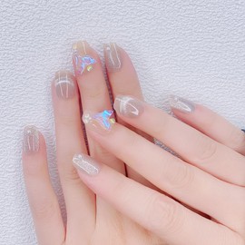 24pcs Sweet Style Cat Eye Nail Laser Light Whale Tail Decoration Nail Tips