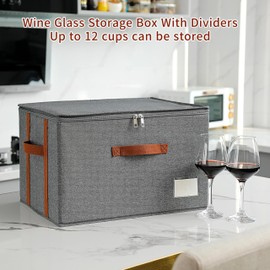 Stemware Storage Cases,Wine Glass Storage Box,with Dividers, Holds 12 Red or White Wine Glasses, Durable Glassware Storage Containers for Crystal or Stemware(Grey red, Stemware storage cases)
