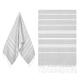 Eucomir Turkish beach towel, hammam towel, beach towel, 180 x 90 cm, for adults and children, large beach towel, quick dry towel, for beach, swimming, yoga, travel, light grey