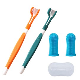 WUSJCOF Hundezahnbürstenset, Dreikopf-Hundezahnbürste, 2 Fingerzahnbürsten, 2 Dreikopfzahnbürsten, Mehrwinkel-Zahnreinigungsset für kleine, mittelgroße und große Haustiere