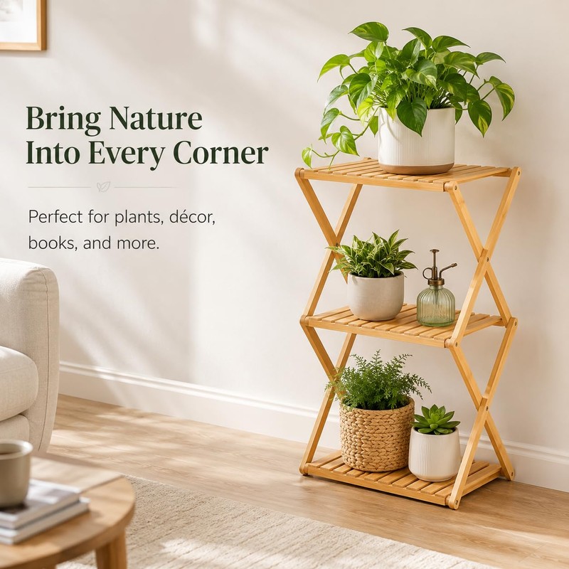 BAMHIGHS 3-Tier Bamboo Folding Shelf, Multi-Purpose Storage Rack for Shoes,