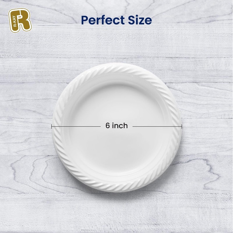 R-kay 100 Pack 6 Inch White Plastic Plates Disposable -