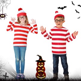 Waldo Cosplay Costume, Where’s Waldo, Halloween Costume, Waldo Style (M, Kids)