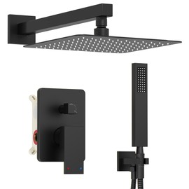 Kurpot Black Shower System, Wall Mounted Shower Faucet Set with Valve, 10-Inch Rainfall Shower Head with Handheld Combo Spray, 59'' Long Shower Hose and Shower Trim Kit, Matte Black