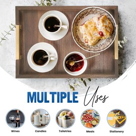 Large Wooden Ottoman Tray with Golden Handles for Serving Food, Decorative Serving Platter for Breakfast, Dinner & Bar, 17.5x11.8in Rustic Storage Tray for Kitchen, Bedroom & Gift Packaging