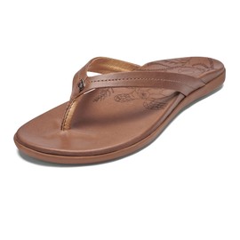 OLUKAI Honu Women's Beach Sandal, Soft & Comfortable Full-Grain Leather, Easy Slip-On Design for Everyday Fashion, Casual & Modern Style, Tan/Tan, 10