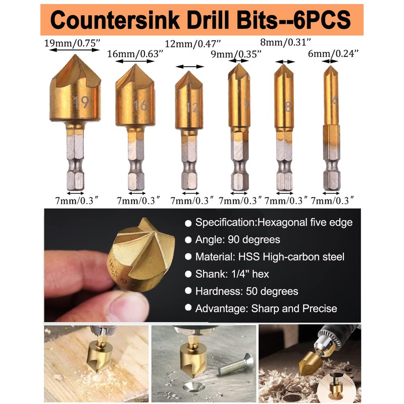 SHITIME 34 Pack Wood Working Chamfer Drilling Tools, 6 Countersink