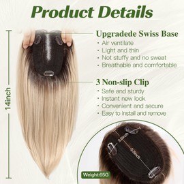 starluck 14 Inch Ombre Blonde Mixed Gray Hair Toppers for Women Synthetic Hair Toppers Hair Pieces Swiss Base with 3 Clips in Wiglets Toppers for Women with Thinning Hair Hair Loss