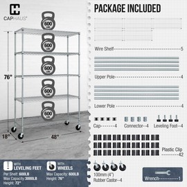 CAPHAUS Heavy Duty NSF Commercial Adjustable Shelves Wire Shelving w/Wheels & Feet, Kitchen Storage Metal Shelf, Garage Storage Shelving, Utility Wire Rack Storage Unit, Silver Grey 48 x 18, 5-Tier