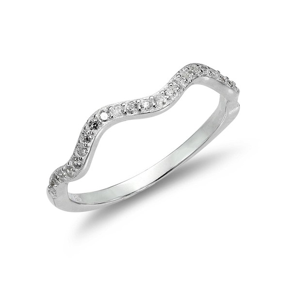 Sterling Silver 2mm Wave Ring with Clear CZ Crystals -