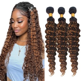 Niciitysi T1BP4/30 Human Hair Deep Wave Bundles 26 28 30 inch Double Weft Brazilian Hair Extensions Ombre 3 Tone Light Brown and Dark Brown Deep Curly Bundles Soft Silky for Women