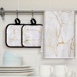 Sratte 6 Pcs Farmhouse Marble Kitchen Towels Pot Holders Oven Mitts Set 2 Dish Towels 2 Potholders 2 Cooking Mittens Oven Glove for Cooking Baking Grilling Supply (White, Gold)