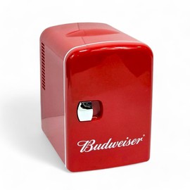Budweiser Portable Mini Fridge Holds 6 cans or 4 liters Red Color, Dependable thermoelectric cooling, Plugs into a 12V car adapter or home outlet - MIS135BUD (Renewed)