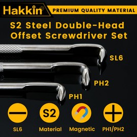 Hakkin 3PCS Offset Screwdriver Set S2 Steel L-Type Double Head Offset Magnetic Screwdriver Right Angle Screwdriver with Phillips Slotted 15mm Flat Elbow Design for Tight Space Operation - 116mm