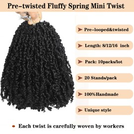 10 Packs Yanky Twist Crochet Hair 8 Inch Pre-twisted Natural Black Kinky Mini Spring Twist Small Curly Senegalese Twist Braids Yankee Twist (1B(Natural Black), 8 Inch (Pack of 10))