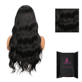 Smilco 28 Inch Jet Black Body Wave 13x4 Lace Front Wig - Glueless Synthetic Hair with Natural Density, Heat Resistant for Daily/Party/Stage Events (9601-SM)