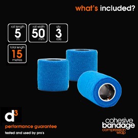 d3 Cohesive Bandage Compression Football Sock Tape Shinguard Wrap Royal Blue (3 Rolls) 50mm x 5 metres Sports Wrist Ankle Injury Support Strapping Pet & Vet Wrap Cats, Dogs