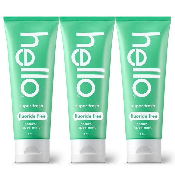 Hello Super Fresh Whitening Toothpaste, Fluoride Free Toothpaste with Natural Spearmint and Coconut Oil, Vegan, No Peroxide, No Fluoride, No Dyes, Gluten Free, BPA Free, 3 Pack, 4.7 OZ Tubes