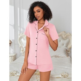 Ekouaer Pajama Set for Women Classic Loose Short Sleeve Pjs Set with Pockets,Large,Pink