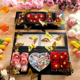 Vertintong 2 Sets Mother's Day I Love U Empty Flower Gift Box Fillable Packaging Box with 24 Pcs Gold Butterfly Decoration for Flowers Mother's Day(Black)