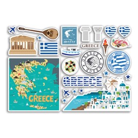 A5 Sticker Sheet Greece Landmarks Vinyl Stickers - Greek Map Airport Skyline Stamp Flag Travel Holiday Country City Aesthetic #80383