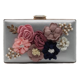 Kitty Flower Clutch Purse for Women Floral Evening Bags for Wedding Bride Formal Party (Silver)