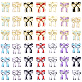 stino 60PCs Metal Enamel & Rhinestone Bow Charms for Jewelry Making, Gold Silver Bow Charms for Bracelets Keychains (Enamel)
