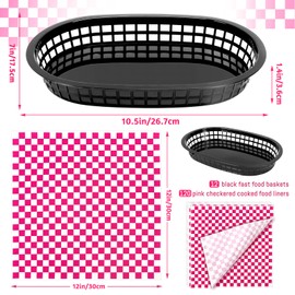 120 Sheets Pink Checkered Deli Liners and 12 Black Fast Food Baskets, Classic Deli Baskets with Pink Checkered Dry Waxed Deli Paper(12'')