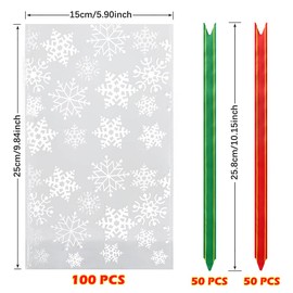 XYGK Christmas Cellophane Treat Bags,100 Pieces Xmas Christmas Sweet bags Party Gift Bags with 50 Red and 50 Green Pull Bows for Christmas Party Favors-White Snowflake