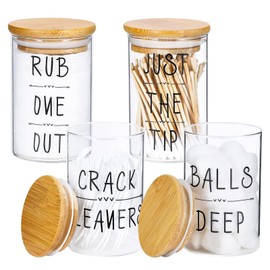 4 Pack Qtip Holder, Glass Dispenser with Bamboo Lids for Bathroom Organization