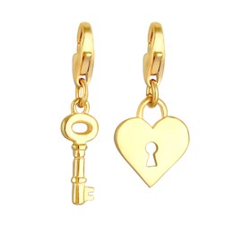 Key and Lock Charm Pendant 925 Sterling Silver Gold-Plated for Women, Charms Pendant Set Golden with Heart Element in the Sign of Love, Fits All Standard Charm Bracelets and Charm Bracelets, Sterling