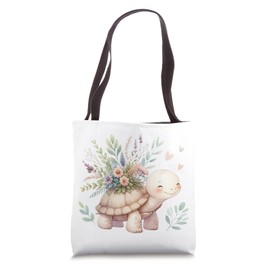 Cute Turtle Illustration Pastel Floral Bouquet Tote Bag