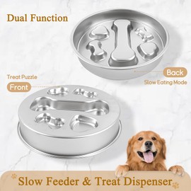 ZUFECY Slow Feeder Dog Bowls, Stainless Steel Slow Feed Bowl for Dogs and Cats, Dual Function Slow Food & Snack Bowls, Equipped with Brush and Scraper