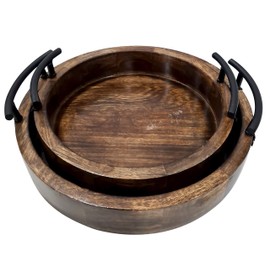 Handmade Round Shape Wooden Serving Tray with Metal Handle Deep Rustic Design Tray for House Party Set of 2