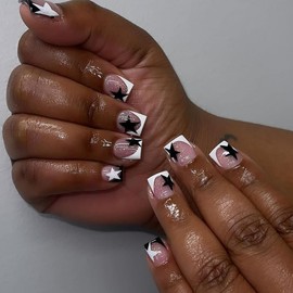 White French Tip Press on Nails Short Square Fake Nails with Designs Star False Nails Floral Glossy Full Cover Acrylic Nails Glue on Nails Artificial Cute Stick on Nails for Women Manicure 24Pcs