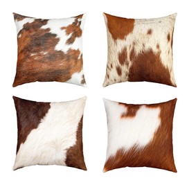 Pack of 4 Cow Fur Printed Decorative Throw Pillow Covers, Farmhouse Cowhide Square Cushion Case Set for Couch Sofa Bedroom Living Room,Western Farm Animal Skin Pillow Cases Pillowcases, 18x18 Inches
