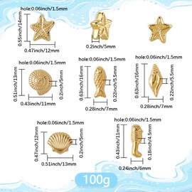 SUNNYCLUE 1 Box 100G Ocean Animal Beads Gold Sea Shell Beads Plastic Shiny Marine Fish Conch Starfish Small Summer Beach Life Loose Spacers for Jewellery Making Crafting DIY Necklace Earring Women