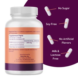 BESTVITE 5-HTP 200mg per Capsule (120 Capsules) - No Stearates - No Flow Agents - Gluten Free - Non GMO