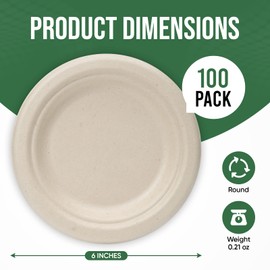 TaidMiao Paper Plates 6 Inches, 100 Pack Disposable Plates – 100% Compostable Plates, Water & Oil Proof Dessert Plates, Microwavable Small Paper Plates, Perfect Paper Plate For Party - Brown