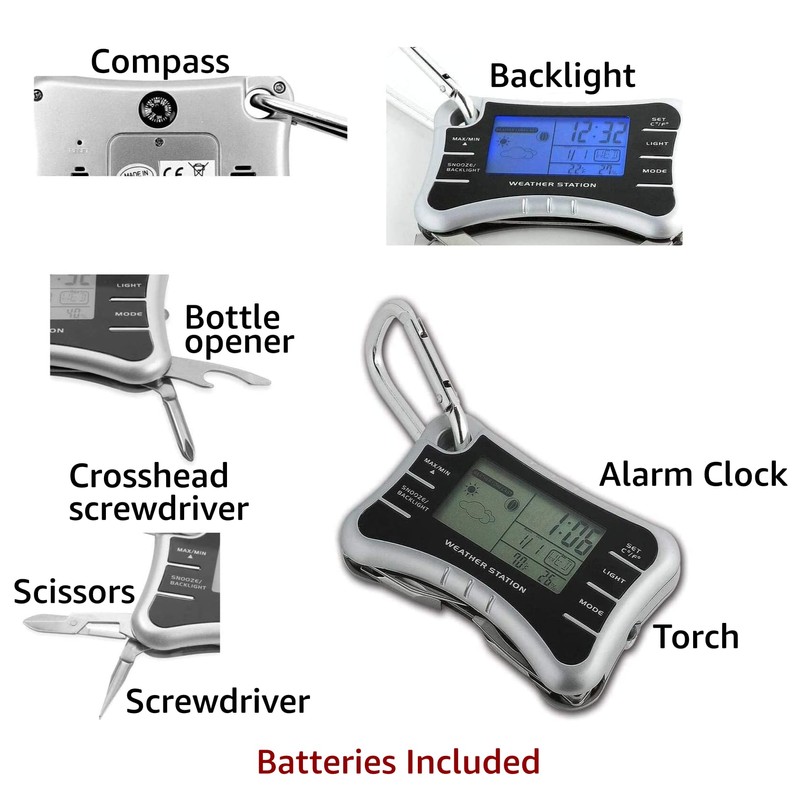 TechAffect Multi Tool Keyring Carabiner Watch Travelling Alarm Clock -Digital