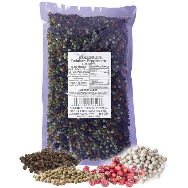 Yankee Traders Brand Peppercorns, Rainbow Assorted Whole (Black White Green and Pink) - 12 oz Bag