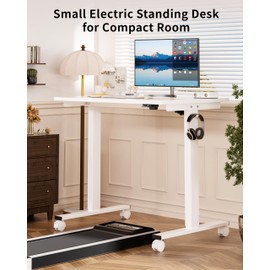 Okin Small Electric Standing Desk, 36" x 24" Whole Piece Height Adjustable Desk, White Sit to Stand Computer Workstation with Wheels for Home Office