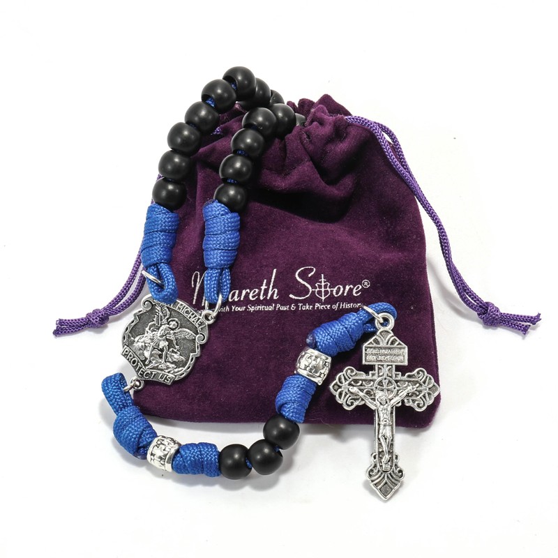 Nazareth Store Black Beads Blue Paracord Rosary Rugged Beaded Necklace
