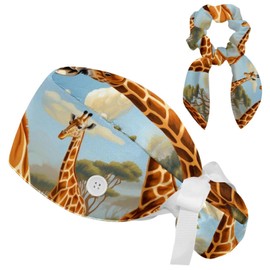 Women's Adjustable Working Caps with Bow Scrunchies Hats Surgical Cap Giraffe Bouffant Lace-Up Hat Unisex Hair Covers One Size
