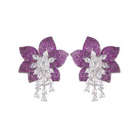 PHENIOTACE Women's Large Drop Earrings for Wedding Bridal Prom Party Fine Jewelry with Red and Clear Cubic Zirconia, Flower Shaped, 1.23“, Platinum plating