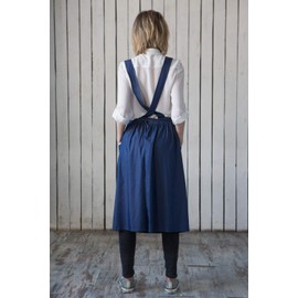 Bunny Street Denim Pinafore Apron - Premium Quality Japanese Apron for Women - Cute Cross Back Dress Apron for Kitchen, Craft, Garden - Dark Blue Smock