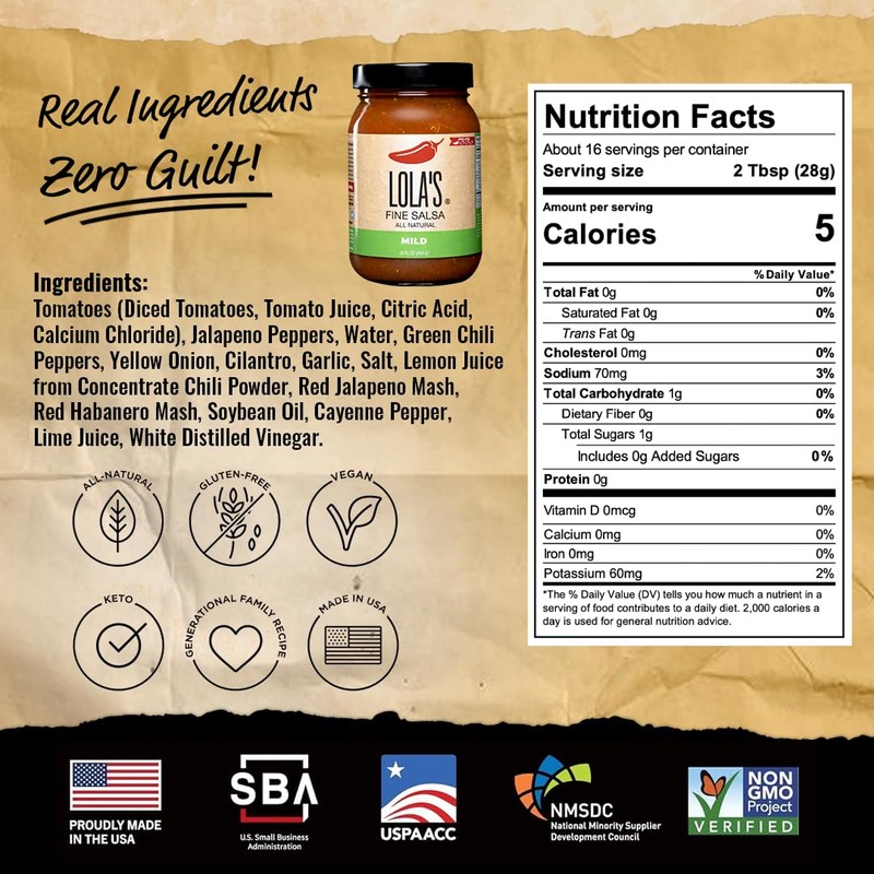 Lola’s Mild Salsa - Smooth, Savory & Slightly Spicy |
