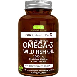 Omega-3 Wild Fish Oil & Astaxanthin, The Most Advanced High Absorption rTG Omega-3, EPA & DHA 1000mg, Ultra Pure; Free from Environmental Toxins, Lemon Flavour, 180 Softgels, by Igennus