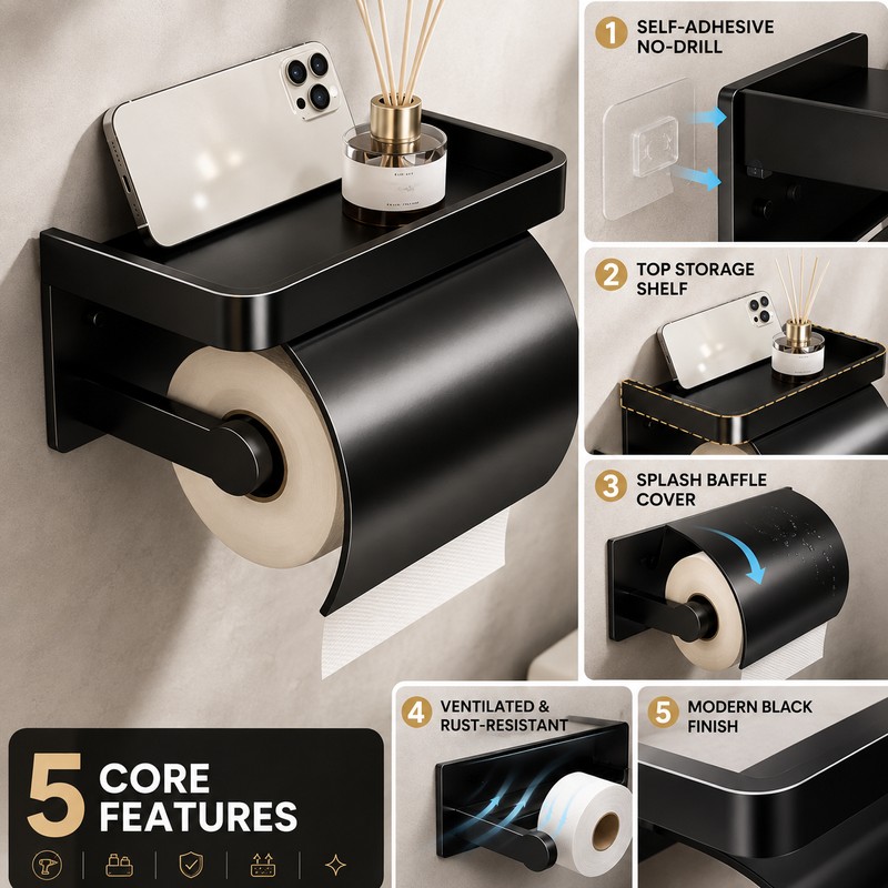 Toilet Paper Holder for Bathroom - Self-Adhesive Ventilated Wall Mount