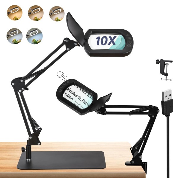 Searart 10X Magnifying Glass with Light and Stand: 2-in-1 LED